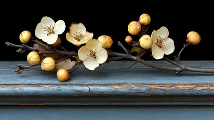 Dried blossoms and fruit on weathered wood
