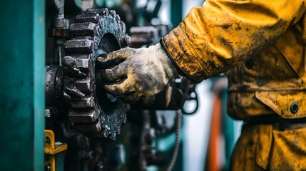 Worker in Protective Gear Adjusting Industrial Machinery