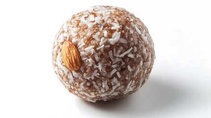 Close up of a single energy ball with coconut and an almond on top