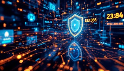 Fototapeta premium Digital Shield: Abstract digital network security concept with a shield icon representing data protection and cyber defense, against the backdrop of glowing circuits and information streams.