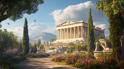 Obraz premium Ancient Greek Parthenon with lush green landscape and blue sky high resolution picture
