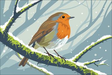 43 European robin, orange breast, yellow flower petals on head, perched on frosty branch, moss-covered twig, misty background, high detail, vibrant colors, macro photography, wildlife portrait, crisp 