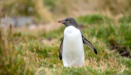 Fototapeta premium Yellow eyed penguin, at grass field 