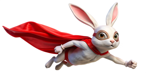 White rabbit superhero wearing red cape and mask flying isolated on white background PNG