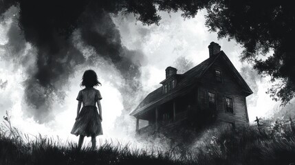Girl facing haunted house, stormy night, rural scene, horror
