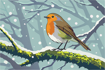 43 European robin, orange breast, yellow flower petals on head, perched on frosty branch, moss-covered twig, misty background, high detail, vibrant colors, macro photography, wildlife portrait, crisp 