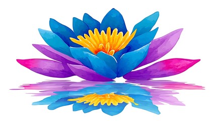 Obraz premium Vibrant blue, purple, and yellow water lily reflected in calm water