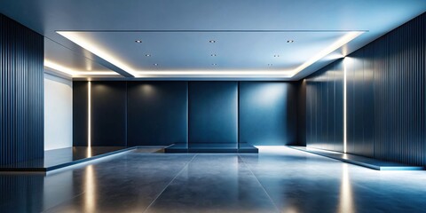Fototapeta premium Modern Minimalist Interior Design Sleek Dark Blue Walls, Polished Floor, and Subtle Ambient Lighting Create a Serene and Sophisticated Atmosphere
