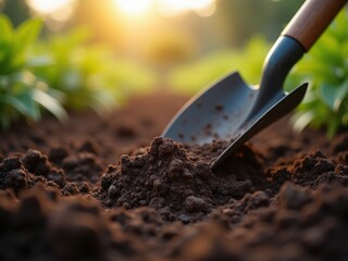 Gardening Concept: Shovel in Soil with Soft Light.