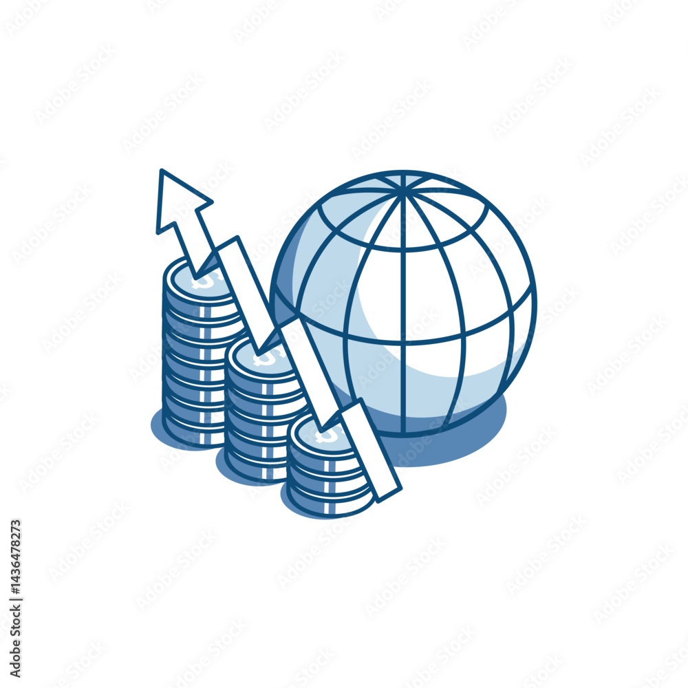 Poster isometric vector linear icon globe and chart of coins with up arrow, in color on white background, w