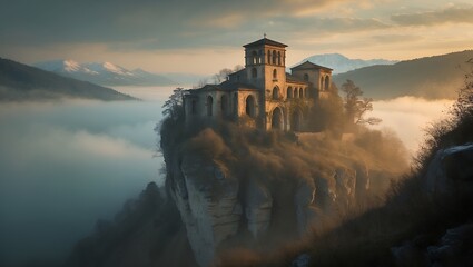 Monastery on Cliff With Mountains and Fog