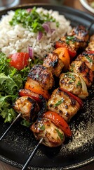 Juicy grilled chicken skewers accompanied by fluffy rice and fresh chopped vegetables. Generative AI