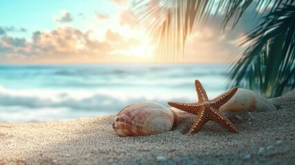 Summer sandy beach landscape with beautiful seashells and starfish, creating a scenic coastal view and offering ample copy space for banner or design use