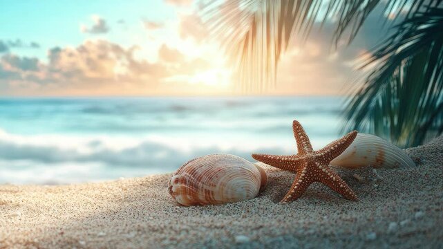 Summer sandy beach landscape with beautiful seashells and starfish, creating a scenic coastal view and offering ample copy space for banner or design use