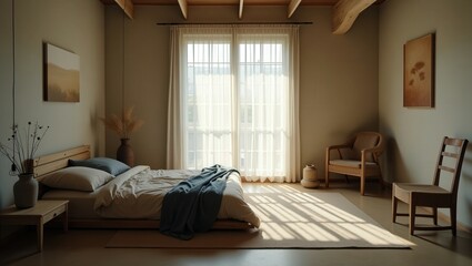 The wabi sabi bedroom features a wooden bed with white sheets, a blue duvet, botanical motifs on top, and sheer curtains, a wooden bedside table with dried flowers and a chair, a serene atmosphere.