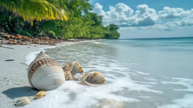 In summer, the sandy beach with scattered shell fragments forms a picturesque coastal scene, offering wide copy space for designs, advertisements, or seasonal creative visuals