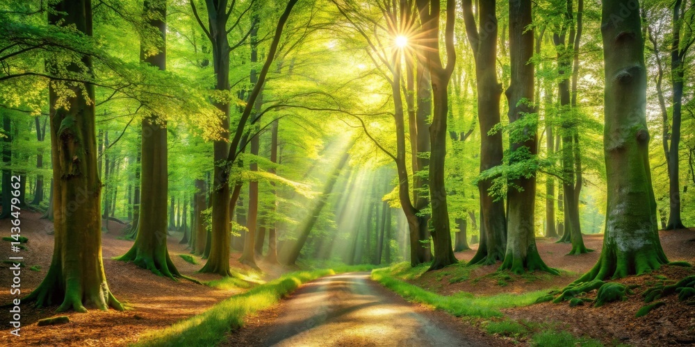 Poster Sunlit Path Through Lush Spring Forest with Golden Rays Illuminating the Canopy and Ground