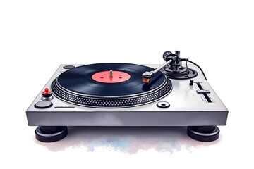 Watercolor DJ Turntable with Modern Audio Equipment, Isolated White Background
