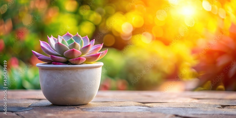 Aufkleber a vibrant succulent in a simple pot sits on a weathered wooden surface, bathed in the warm glow of s