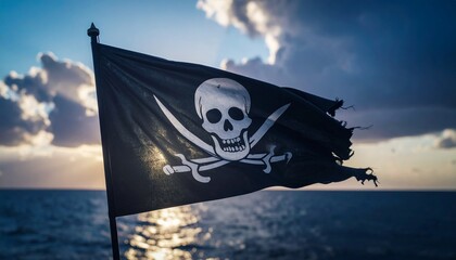 Una dramática fotografía de una bandera pirata destrozada ondeando desafiante contra un cielo tormentoso de fondo. La imagen simboliza el peligro, la rebeldía y el espíritu rebelde de la vida pirata. 