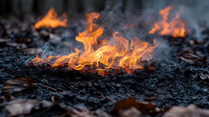 Fiery orange flames engulfing dark charred ground smoke billowing upwards