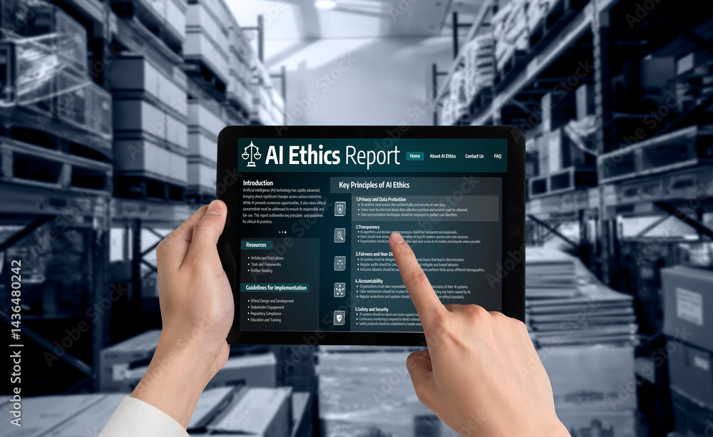 Poster ai ethics responsibility standard law and rules on computer screen provide report of ai ethic transp