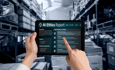 AI ethics responsibility standard law and rules on computer screen provide report of AI ethic...