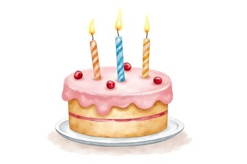 Watercolor Birthday Cake with Candles and Frosting