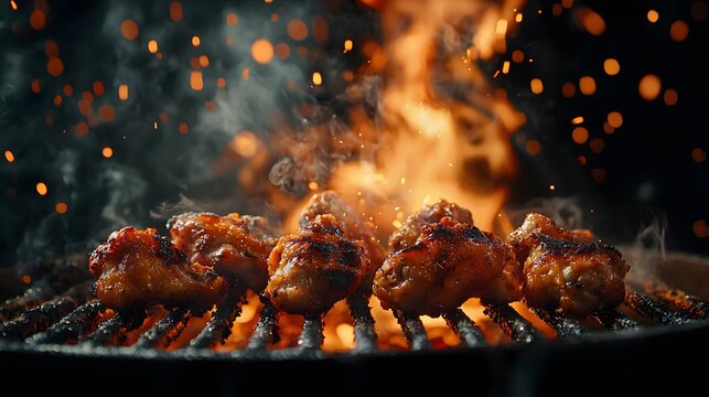 Flame-grilled chicken wings sizzling on a barbecue during a summer gathering Generative AI