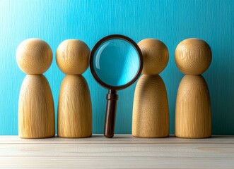 Under a spotlight and against a blue backdrop, a magnifying glass highlights one wooden figure among a group, embodying the concept of finding, selecting, and focusing attention on a single item