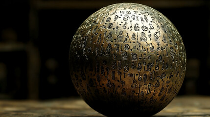 Ornate sphere covered in ancient symbols rests on a dark surface
