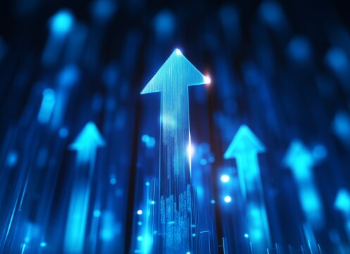 Progress and positive growth are represented by a silver bar chart with an upward-pointing arrow, displayed on a dark blue gradient background that underscores the upward trend