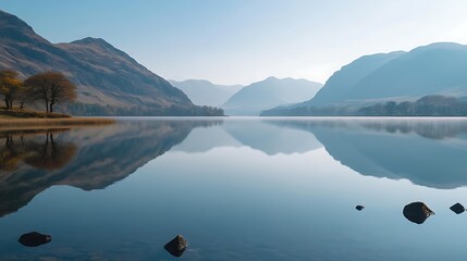 Serene lake mirrored by a misty mountain range.