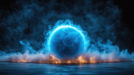 Mystic Celestial Orb: A Glowing Sphere Enveloped in Ethereal Smoke and Illuminated by Glowing Embers