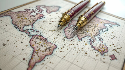 Naklejka premium Two elegant pens rest on an antique world map showcasing continents and constellations