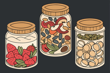 46 Glass jars filled with vibrant nuts and seeds, Colorful assortment of healthy snacks, Artistic food photography, Dark background, High contrast, Macro detail, Rustic wooden lids, Transparent contai