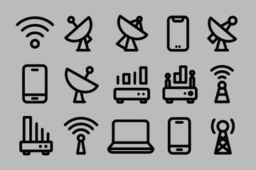  line icon set featuring 16 icons related to wireless technology and connectivity. Include various styles of Wi-Fi signals, mobile network bars, internet signals, satellite dishes, routers, modems