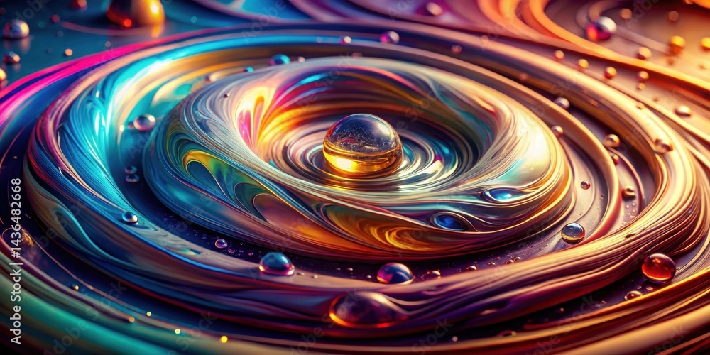 Aufkleber abstract swirling metallic textures with iridescent sphere in center and scattered droplets