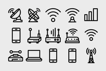  line icon set featuring 16 icons related to wireless technology and connectivity. Include various styles of Wi-Fi signals, mobile network bars, internet signals, satellite dishes, routers, modems