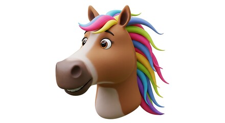 Horse Cartoon Head with Rainbow Mane on White Background