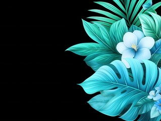 Teal tropical leaves and flowers on black background.  Space for text