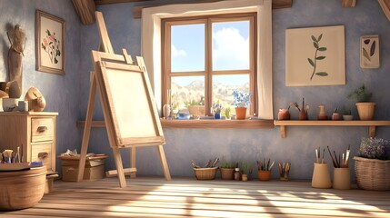 Sunlit Artist Studio with Easel and Natural Decor Elements