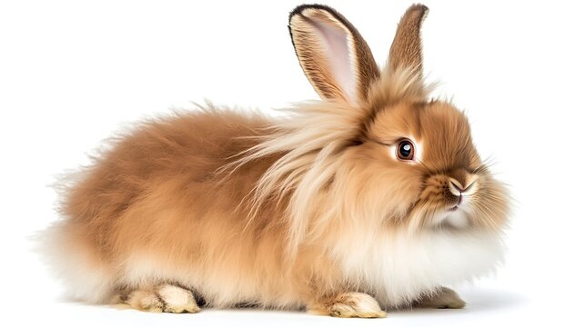 A fluffy brown rabbit sitting on a white background looking right