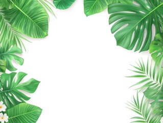Fototapeta premium Lush tropical leaves frame a white background, ideal for text or images