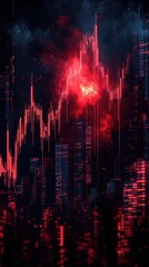 Dramatic Red Stock Market Graphic Overlay with Urban Skyline at Night