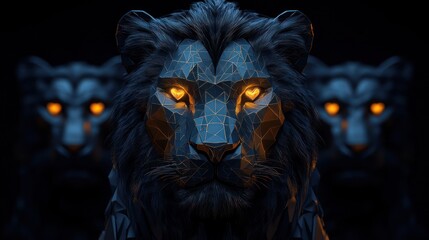 Geometric Lion Trio, Dark Background, Power, Digital Art