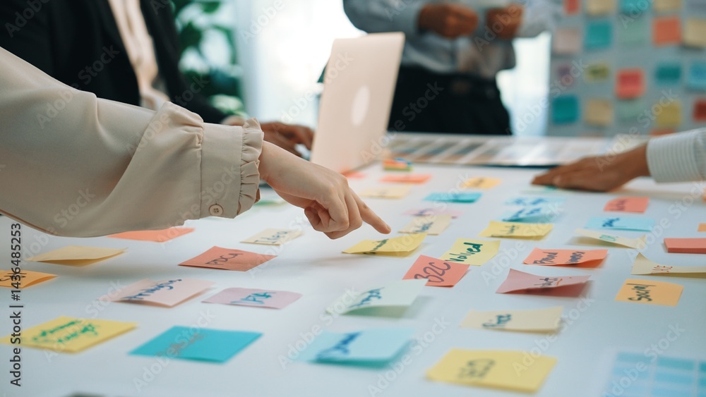 Poster a group of professionals engages in a collaborative brainstorming session, using colorful sticky not