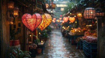 Naklejka premium Rainy Asian market street, heart lanterns, romantic ambiance, travel