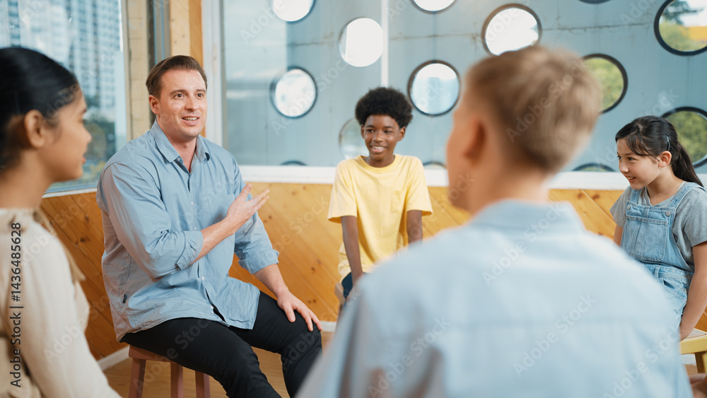Poster smart teacher talking about mental health problem and sharing idea with boy during group therapy. ha