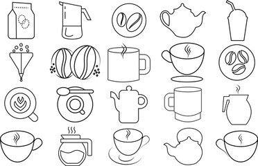 Coffee Icons and Bean Logo Set – Minimal Line Style Cup, Bean, and Tea Vector Illustrations.